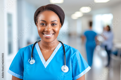 Proud and compassionate African American nurse in a hospital, smiling and embodying the dedication and warmth of healthcare professionals