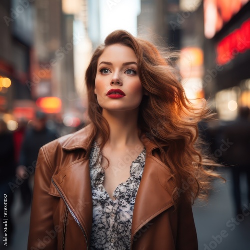 A beautiful woman portrait  city street with new york city as background. Generative AI.