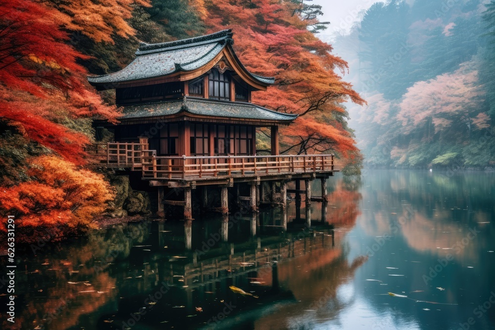 Obraz premium Traditional japanese house at a lake in an autumn forest. Generative AI