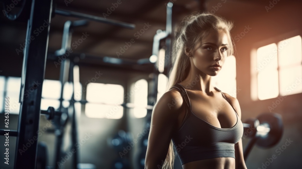 Beautiful young fitness girl in gym. Female fitness. Generative AI
