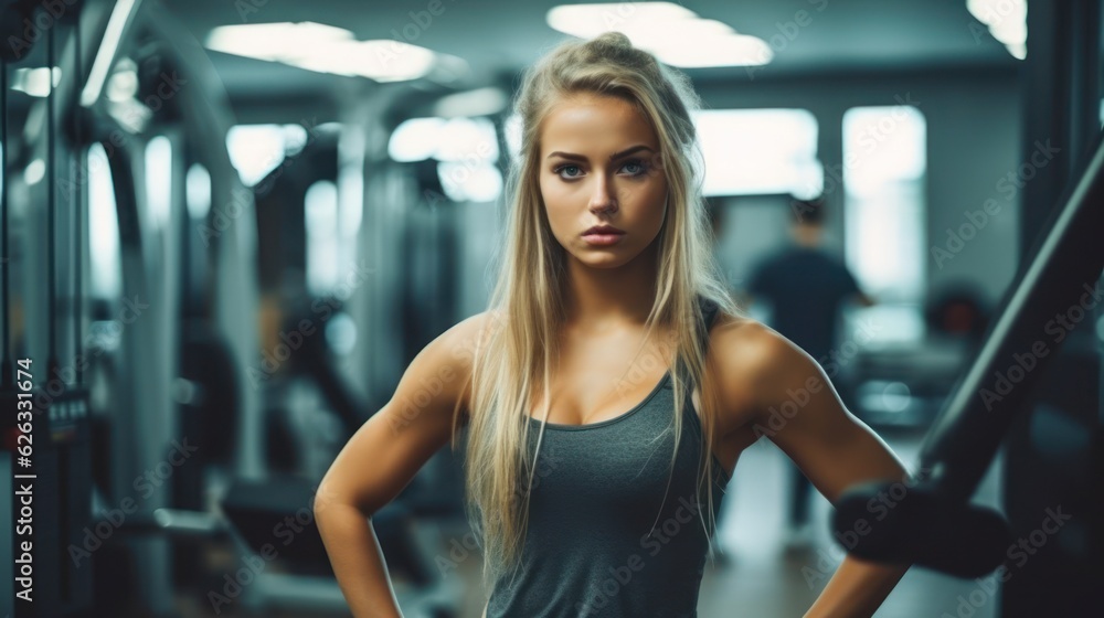 Beautiful young fitness girl in gym. Female fitness. Generative AI Beautiful young fitness girl in gym. Female fitness. Generative AI