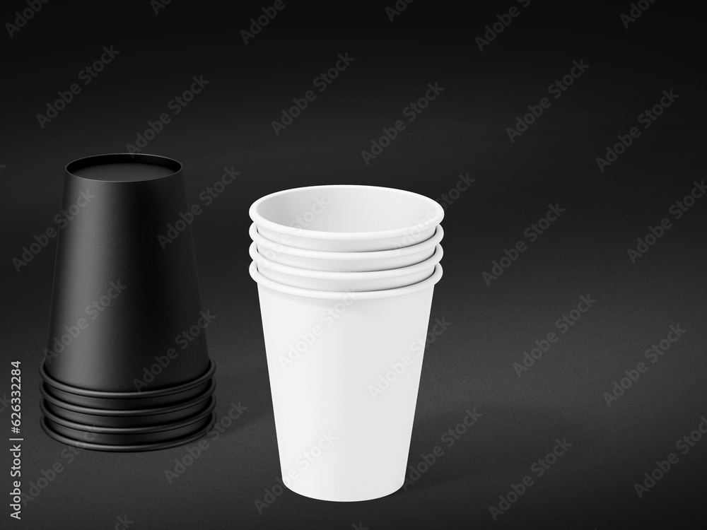 3D illustration. Stacked disposable paper cups isolated on black background 3D illustration. Stacked disposable paper cups isolated on black background