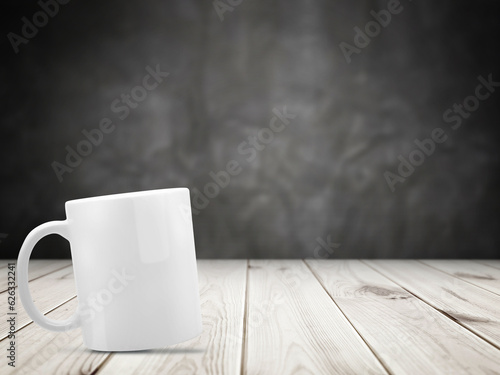 3D illustration. White porcelain mug isolated on wooden background.
