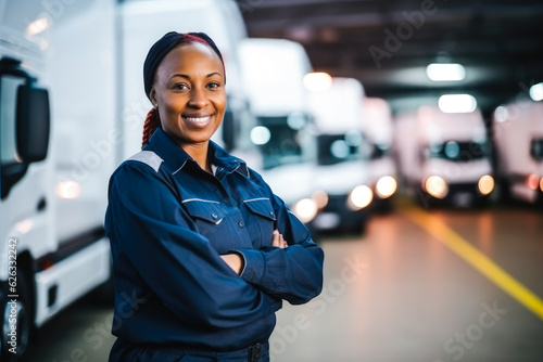 Portrait of a proud smiling female transportation inspector standing in front of transport trucks