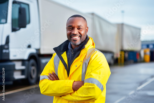 Portrait of a proud smiling male African American transportation inspector standing in front of transport trucks