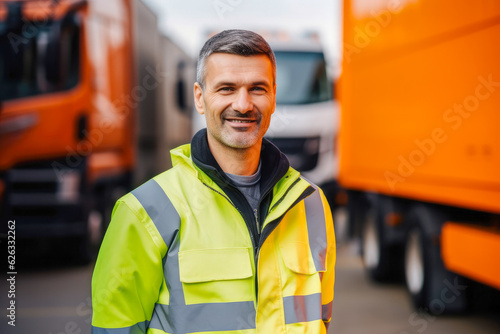 Portrait of a proud smiling male transportation inspector standing in front of transport trucks