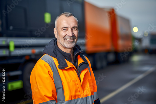 Portrait of a proud smiling male transportation inspector standing in front of transport trucks