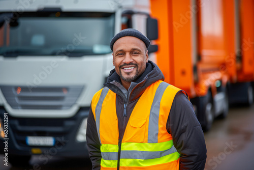 Portrait of a proud smiling male transportation inspector standing in front of transport trucks