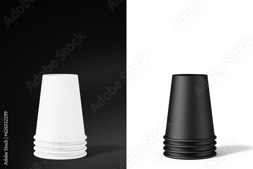 3D illustration. Colorerd stacked disposable paper cups isolated on white background. Black and white concept.