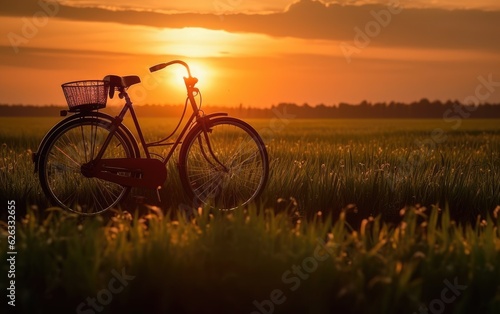 Beautiful landscape image with Bicycle at sunset, Generative AI