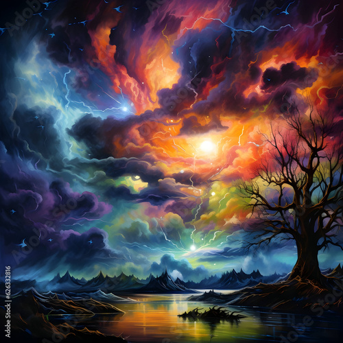 Fantastic colorful storm clouds at night with fire inside with tree siluette