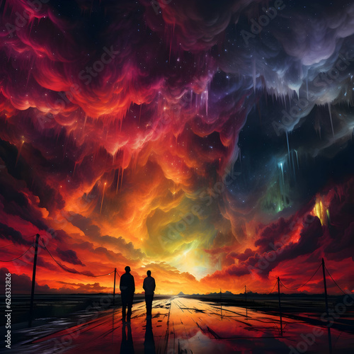 Fantastic colorful storm clouds at night with fire inside and two people walking on the pier