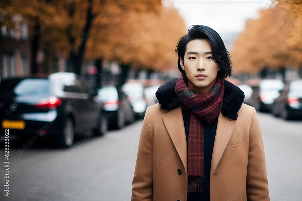 Portrait of an Asian man in a warm beige coat with a scarf in autumn on a city street among yellow trees