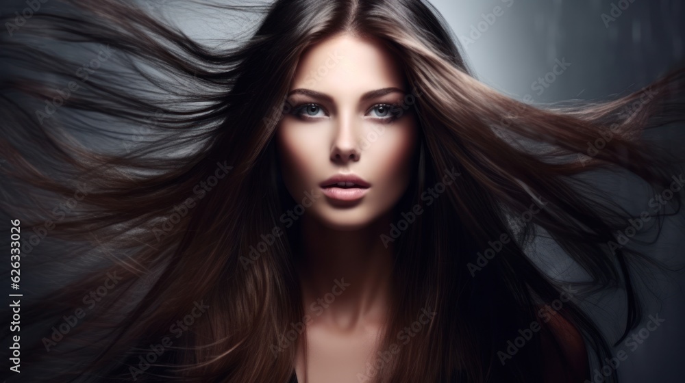 Fototapeta premium Beautiful model woman with long hairstyle care and beauty hair products. 