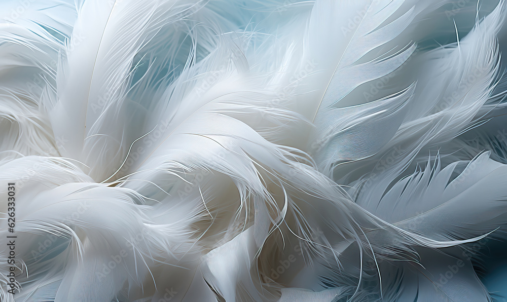 Fototapeta premium Fluffy white feathers on a blue background.