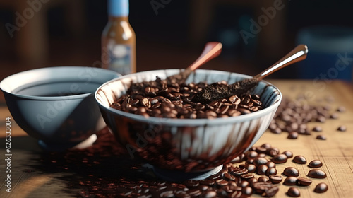 Stainless steel arms mixing freshly roasted coffee beans. Generative Ai