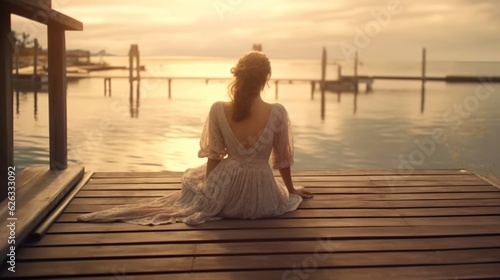Young woman sitting serenely on a wooden pier.