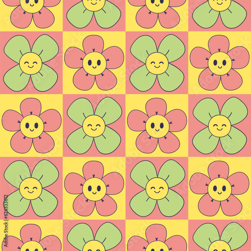 Seamless checkered pattern with cute smiling flowers. Vector graphics.