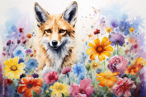 Watercolor painting of a beautiful jackal in a colorful flower field. Ideal for poster, art print, greeting card.