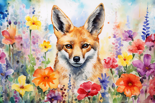 Watercolor painting of a beautiful jackal in a colorful flower field. Ideal for poster, art print, greeting card.