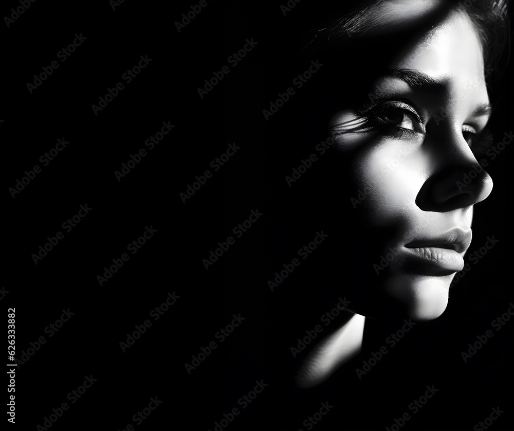 Fototapeta premium Concept. Closeup portrait silhouette of stunning beautiful woman girl hidden in the shadow dark. illuminated with light. sensual, mysterious, advertisement, magazine. copy space