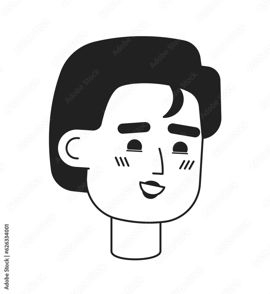 Cute man with short haircut monochrome flat linear character head. Editable outline hand drawn human face icon. 2D cartoon spot vector avatar illustration for animation Cute man with short haircut monochrome flat linear character head. Editable outline hand drawn human face icon. 2D cartoon spot vector avatar illustration for animation