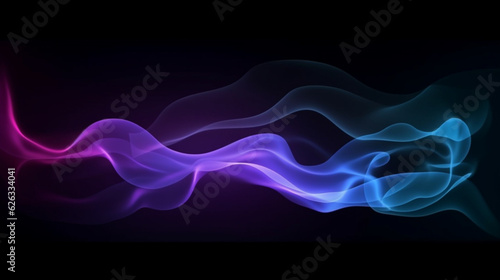 Fumée, vague en mouvement bleu et mauve sur fond noir. Arrière plan sombre avec ondes dynamiques pour conception graphique, bannière