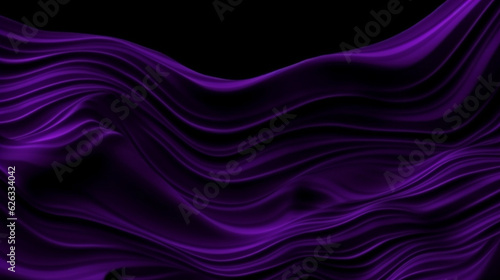 Tissu plié sombre et violet, en mouvement sur fond noir. Sobre et élégant, soie. Pour conception graphique, création, bannière