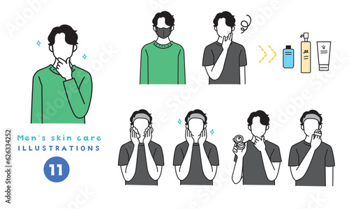 肌荒れやマスク荒れに悩む男性　メンズスキンケアやメンズメイクをする男性のシンプルなイラスト
