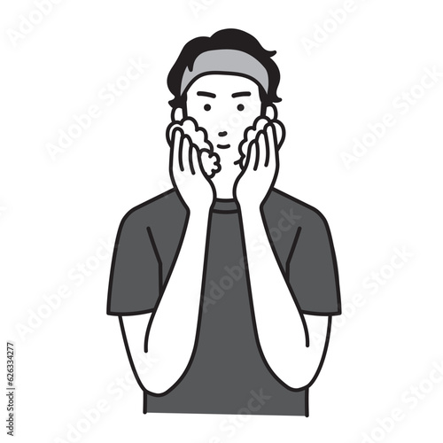 メンズスキンケア、洗顔をする男性のシンプルなイラスト
