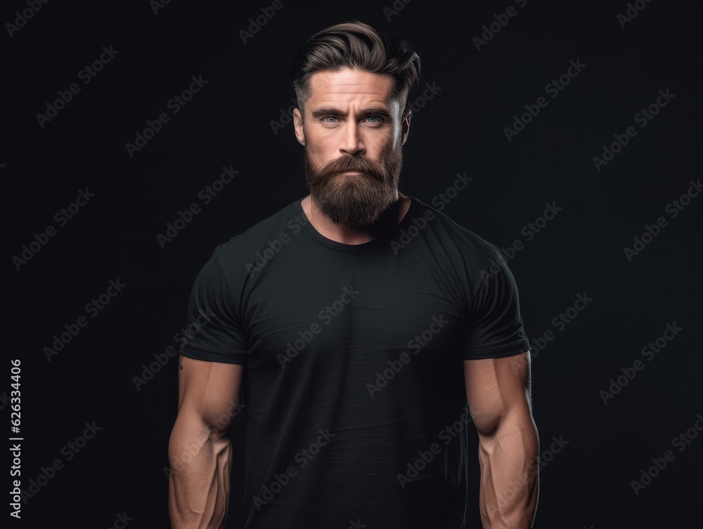 Muscular handsome man in black t-shirt. Realistic t - shirt mockup. Generative AI