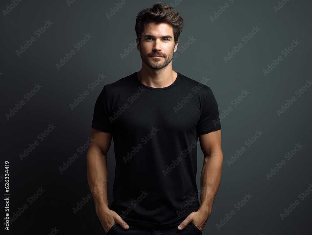 Muscular handsome man in black t-shirt. Realistic t - shirt mockup. Generative AI Muscular handsome man in black t-shirt. Realistic t - shirt mockup. Generative AI