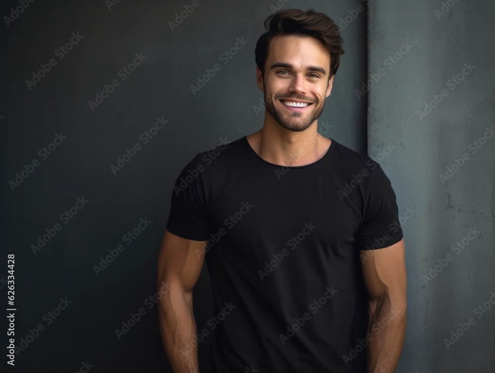 Muscular handsome man in black t-shirt. Realistic t - shirt mockup. Generative AI Muscular handsome man in black t-shirt. Realistic t - shirt mockup. Generative AI