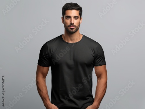 Muscular handsome man in black t-shirt. Realistic t - shirt mockup. Generative AI © Viktor