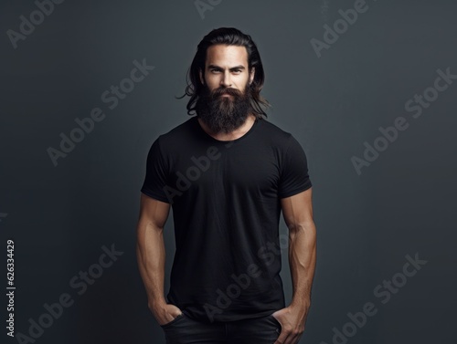 Muscular handsome man in black t-shirt. Realistic t - shirt mockup. Generative AI