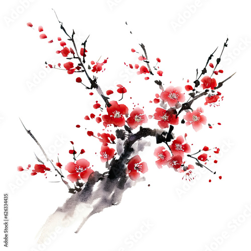 Traditional ink painting style sakura tree branches, Beautiful pink cherry blossom, spring flowers.