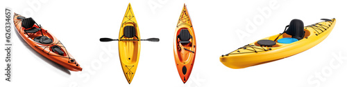 Top view of plastic whitewater kayak with a paddle isolated on transparent background