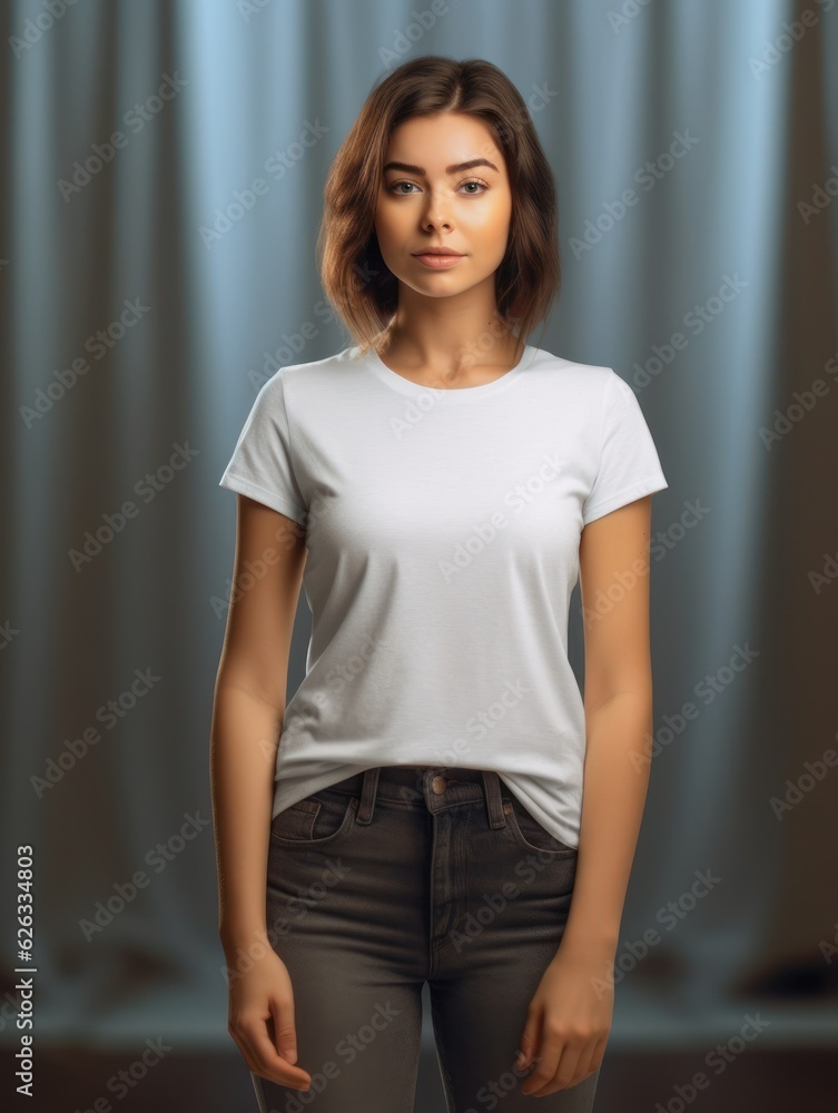 Beatiful handsome woman in white t-shirt. Realistic t - shirt mockup. Generative AI Beatiful handsome woman in white t-shirt. Realistic t - shirt mockup. Generative AI