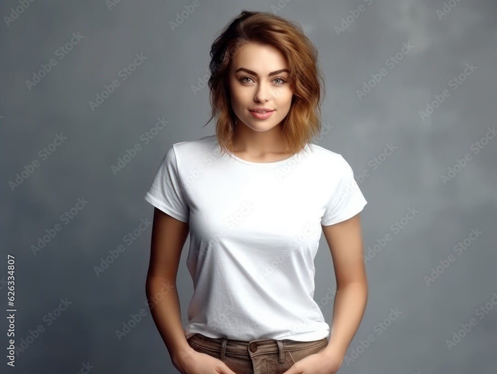 Beatiful handsome woman in white t-shirt. Realistic t - shirt mockup. Generative AI Beatiful handsome woman in white t-shirt. Realistic t - shirt mockup. Generative AI