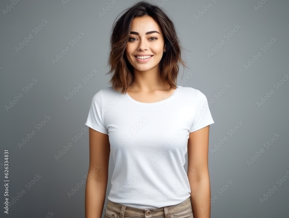 Beatiful handsome woman in white t-shirt. Realistic t - shirt mockup. Generative AI Beatiful handsome woman in white t-shirt. Realistic t - shirt mockup. Generative AI