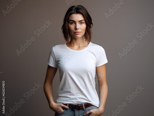 Beatiful handsome woman in white t-shirt. Realistic t - shirt mockup. Generative AI