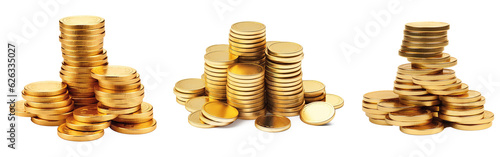 Stacks of shiny coins isolated on transparent background photo
