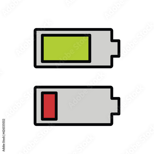 Battery and low battery vector icon. Isolated electric battery, as used to power such devices as a flashlight.Sign icon for battery power on a cell, mobile phone.