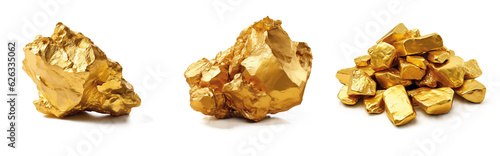 Gold nugget grains isolated on transparent background