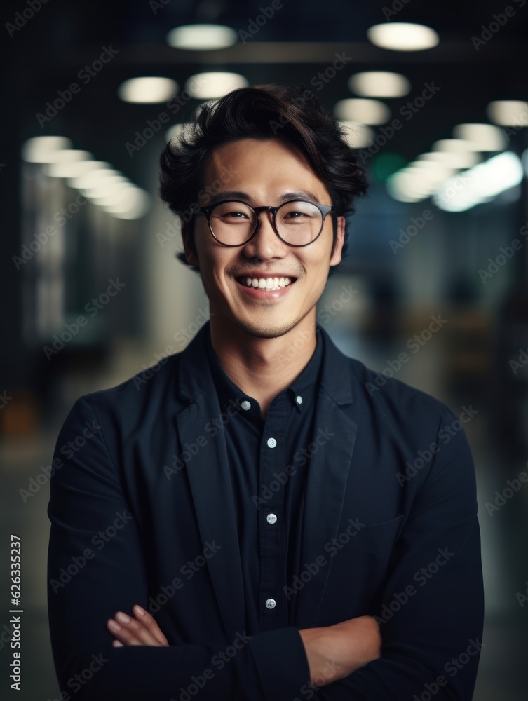 Confident handsome and successful asian man smiling and looking determined. Generative AI