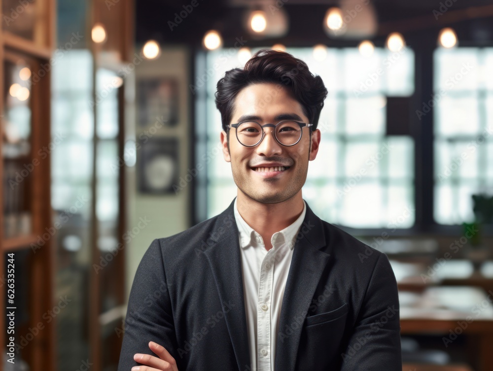 Fototapeta premium Confident handsome and successful asian man smiling and looking determined. Generative AI