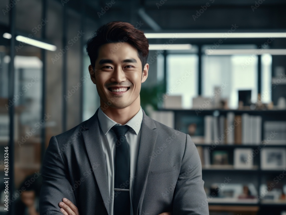Confident handsome and successful asian man smiling and looking determined. Generative AI Confident handsome and successful asian man smiling and looking determined. Generative AI