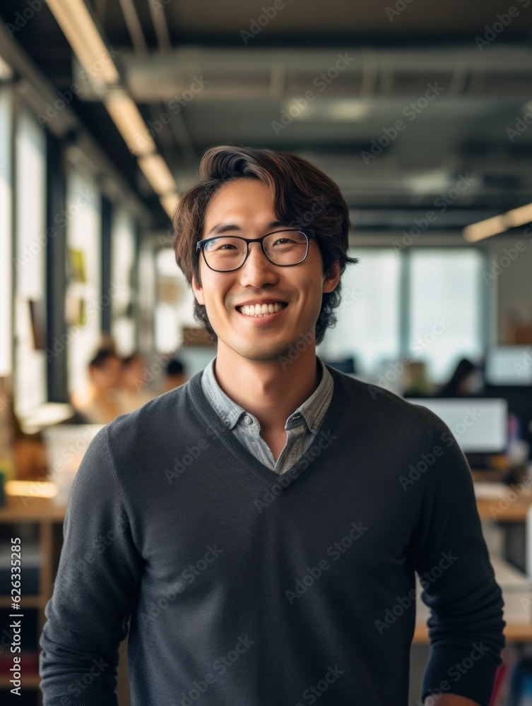Fototapeta premium Confident handsome and successful asian man smiling and looking determined. Generative AI