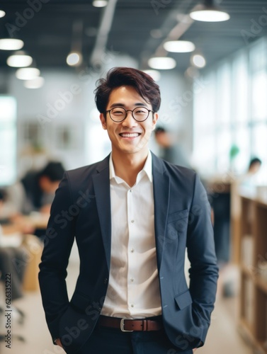 Confident handsome and successful asian man smiling and looking determined. Generative AI