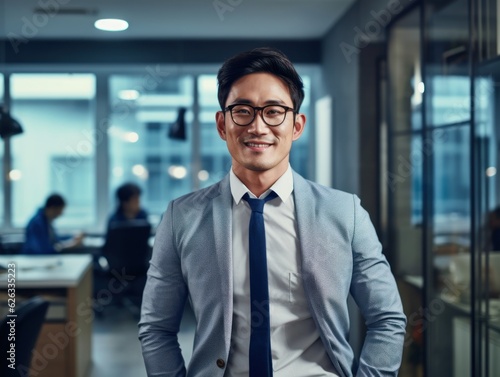 Confident handsome and successful asian man smiling and looking determined. Generative AI